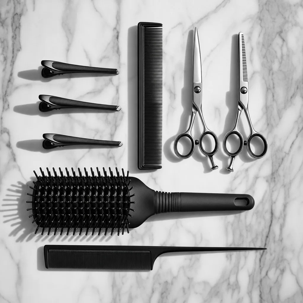Scheren, Kämme und Clips auf Marmor
