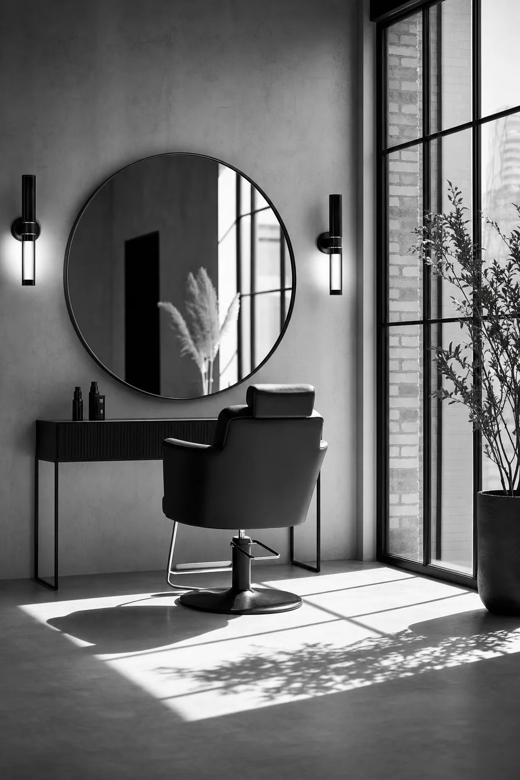 Der leere Salon: Spiegel, Stuhl und hohes Fenster mit Tageslicht